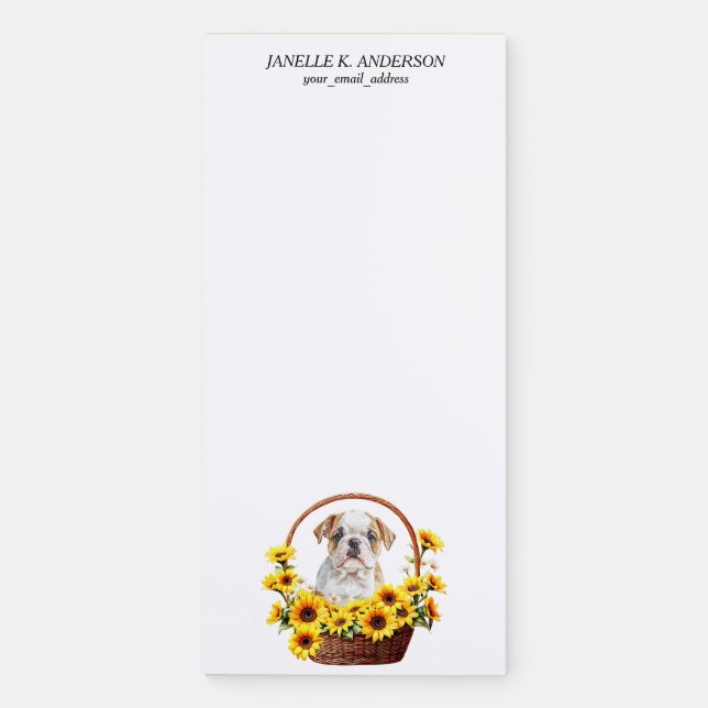 Sunflower Basket Bulldog Puppy Magnetic Notepad (Front)