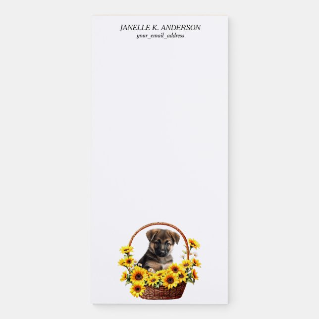Sunflower Basket German Shepherd Puppy Magnetic Notepad (Front)