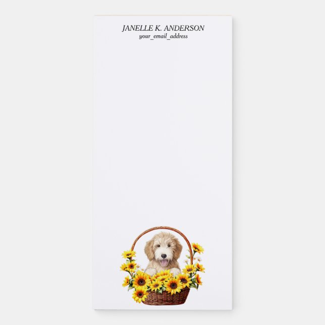 Sunflower Basket Goldendoodle Dog Magnetic Notepad (Front)