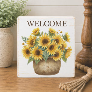 Sunflower Basket Welcome Wooden Box Sign