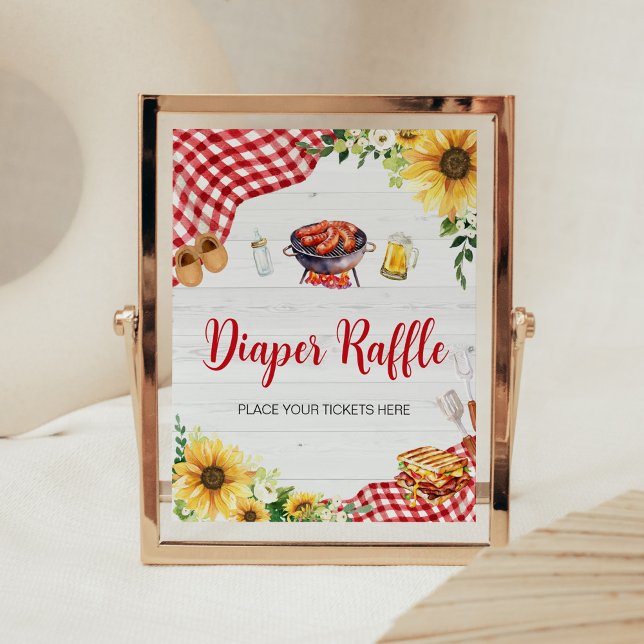 Sunflower BBQ Baby Shower Diaper Raffle Poster (Backyard Picnic Baby Shower Diaper Raffle Sign)