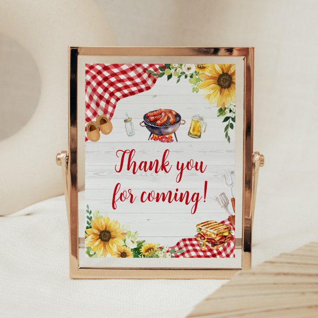 Sunflower BBQ Baby Shower Thank you for Coming Poster (Backyard Picnic Baby Shower Thank you for Coming Sign)