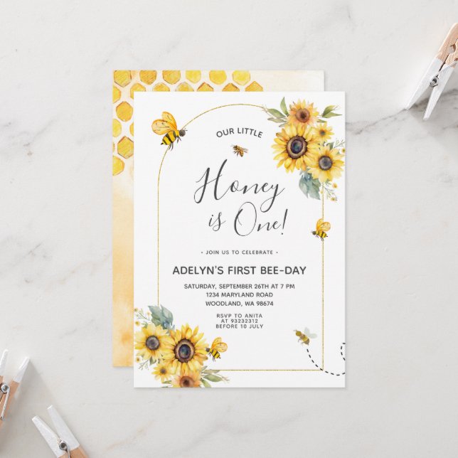 Sunflower Bee 1st Birthday Invitation (Front/Back In Situ)