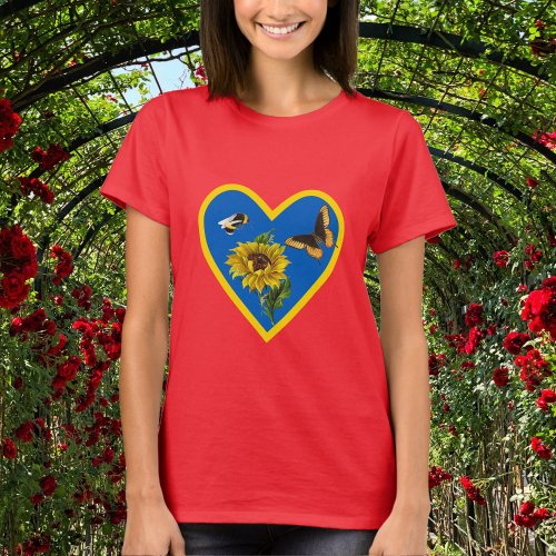 Sunflower Bee and Butterfly Blue and Yellow Heart T_Shirt