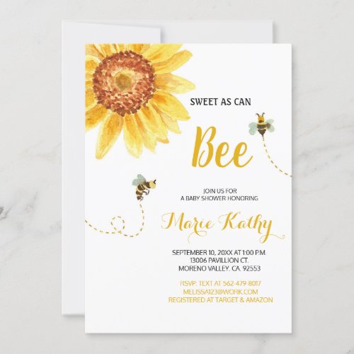 Sunflower Bee Baby Shower Invitation