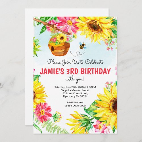 Sunflower Bee Birthday Honey Bee Birthday Invitation