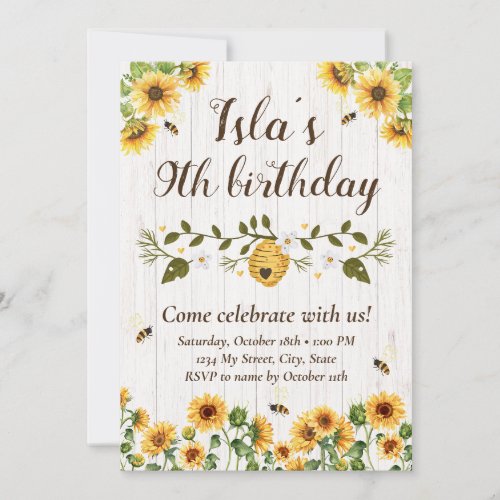 Sunflower  Bee Birthday Invitation