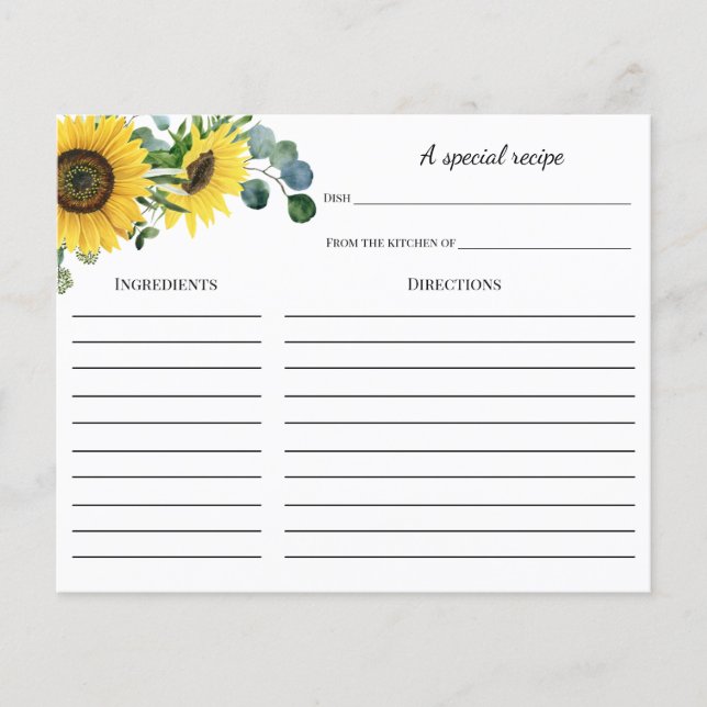 Sunflower Bee Bridal Shower Recipe card (Front)
