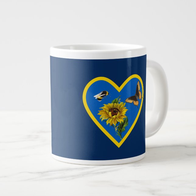 Sunflower Bee Butterfly Blue Yellow Heart on Navy Giant Coffee Mug (Front Right)