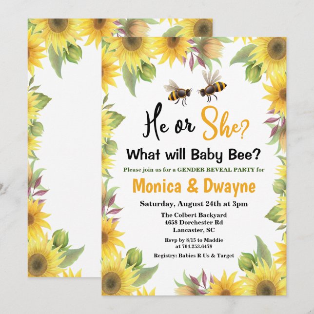 Sunflower Bee Gender Reveal Baby Shower Invitation (Front/Back)