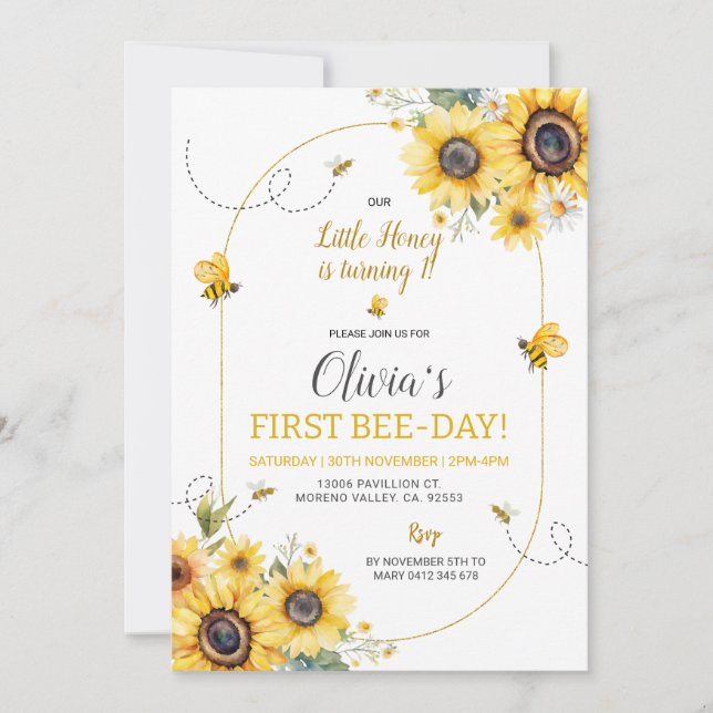 Sunflower Bee Girl Birthday Invitation (Front)