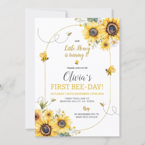  Sunflower Bee Girl Birthday Invitation