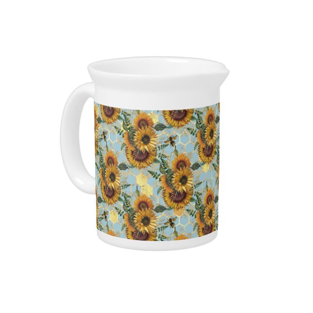 Sunflower Bee Hive Honeycomb Golden Beverage Pitcher (Left)
