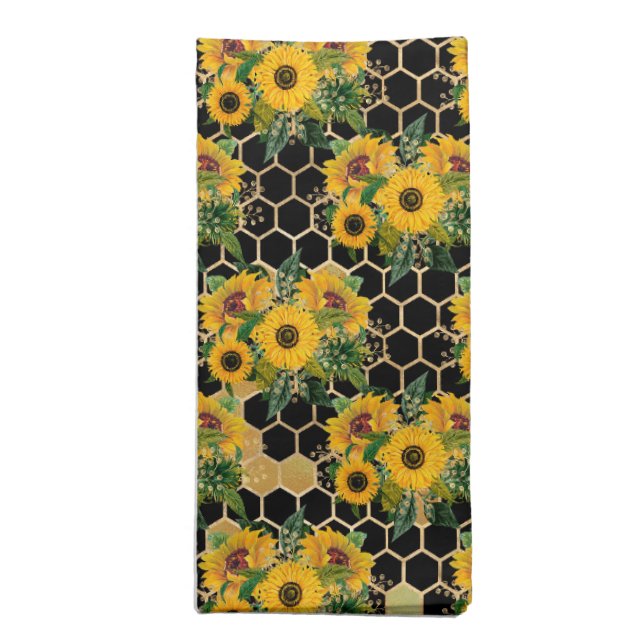 Sunflower Bee Hive Honeycomb Golden Cloth Napkin (Folded)