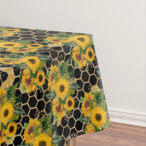 Sunflower Bee Hive Honeycomb Golden  Tablecloth