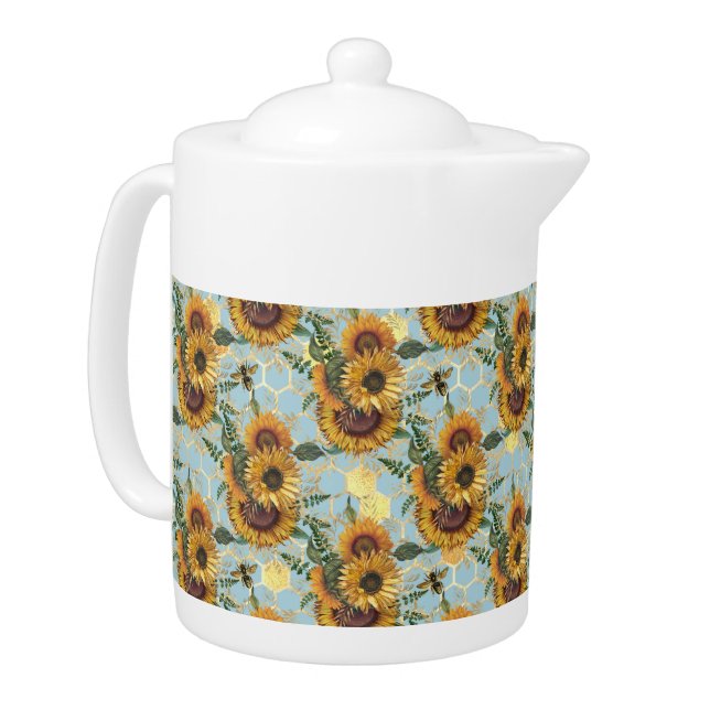 Sunflower Bee Hive Honeycomb Golden Teapot (Left)