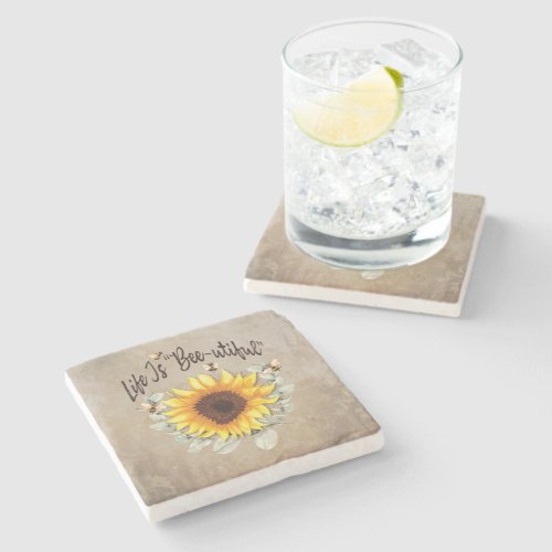 Sunflower Bee Inspirational Floral Stone Coaster