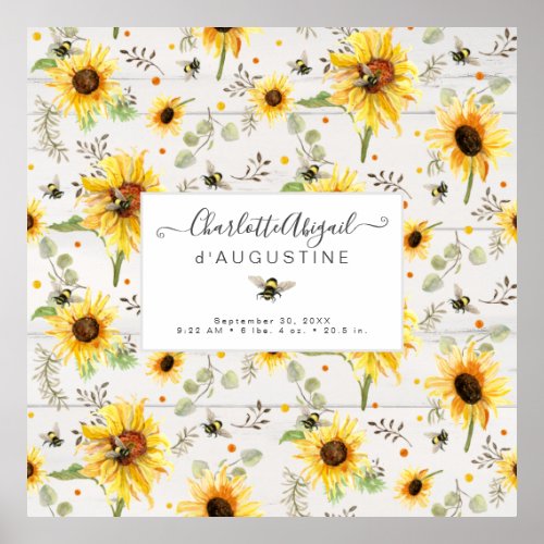 Sunflower Bee Rustic Wood Yellow Birth Stats Baby Poster