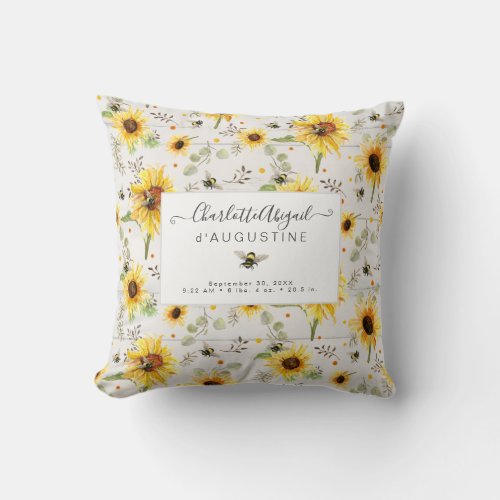 Sunflower Bee Rustic Wood Yellow Birth Stats Baby  Throw Pillow