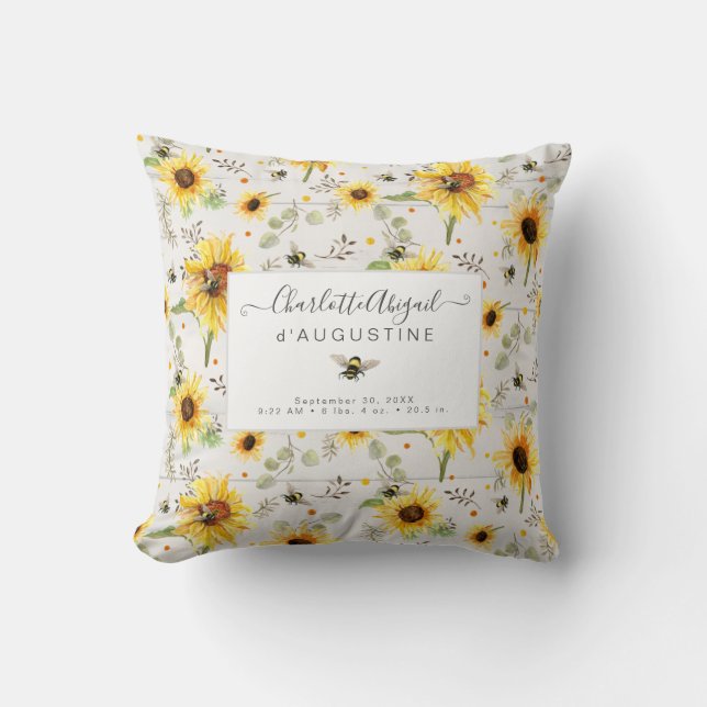 Sunflower Bee Rustic Wood Yellow Birth Stats Baby  Throw Pillow (Front)