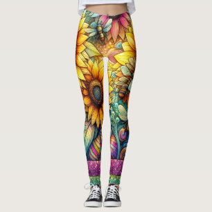 Sunflower bees bloom, Boho Garden Leggings