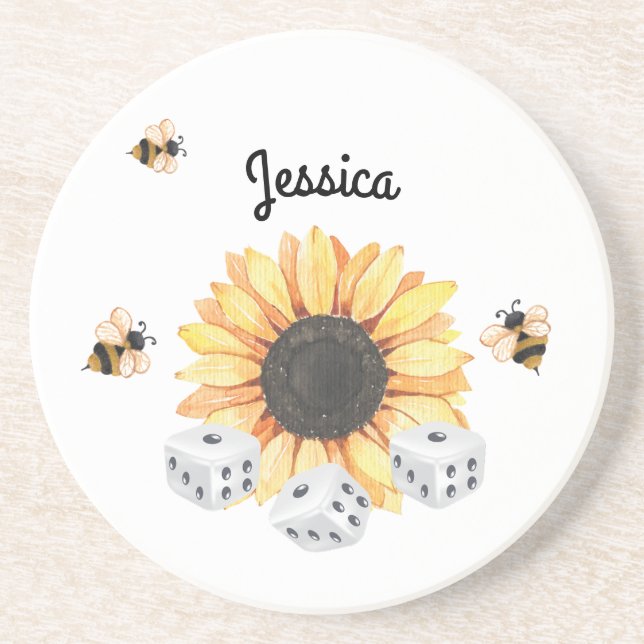 Sunflower Bees Floral Dice Bunco Monogram Coaster (Front)