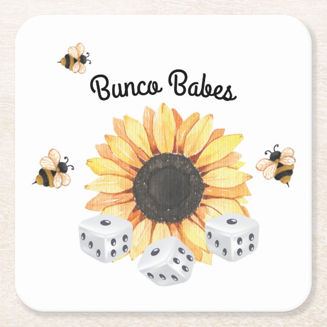 Sunflower Bees Floral Dice Bunco Square Paper Coaster (Front)