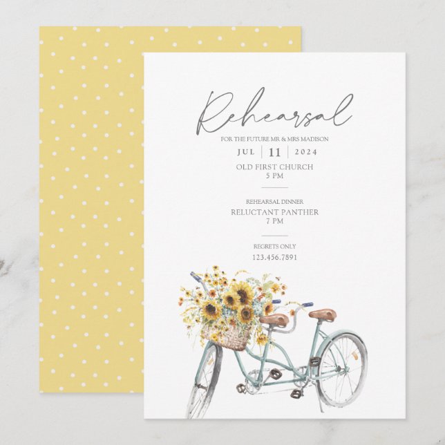 Sunflower Bicycle Watercolor Wedding Rehearsal Invitation (Front/Back)