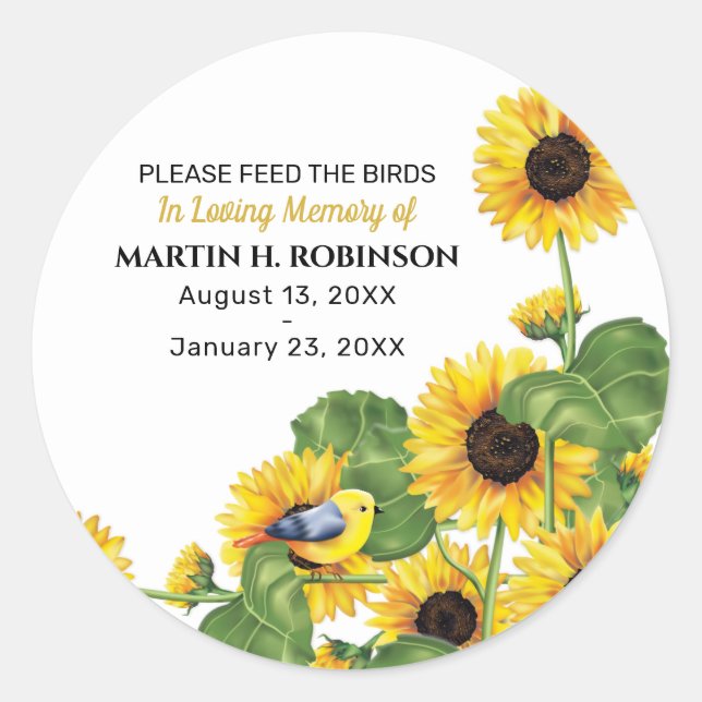 Sunflower Bird Seed Packet Funeral Memorial Classic Round Sticker (Front)