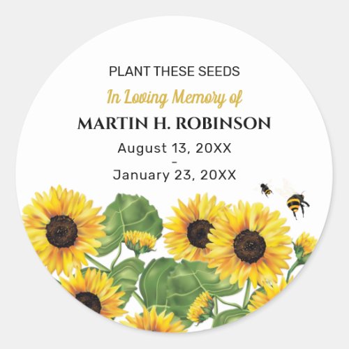 Sunflower Bird Seed Packet Funeral Memorial Classic Round Sticker