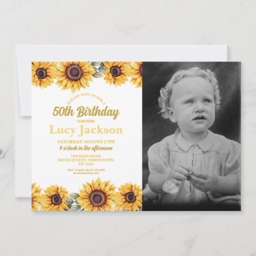 Sunflower Birthday 50th Floral Photo Womens Invitation