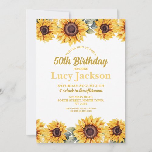 Sunflower Birthday 50th Floral White Womens Invitation
