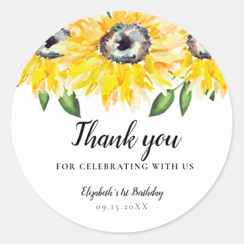 Sunflower Birthday First One Watercolor Floral Classic Round Sticker