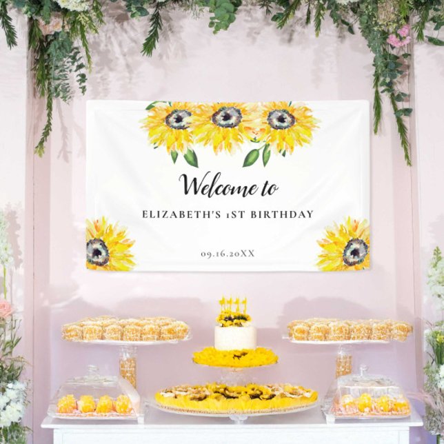 Sunflower Birthday First Welcome Watercolor Floral Banner (Creator Uploaded)