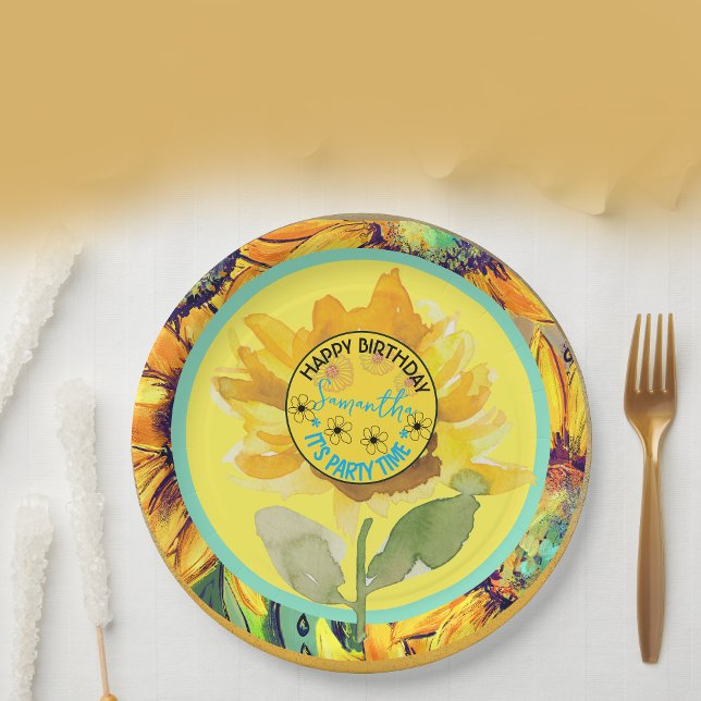 Sunflower  Birthday Girl Yellow Black  Paper Plates (Sunflower Birthday Girl Yellow Black Paper Plates)
