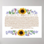 sunflower birthday give 60 things we love about poster<br><div class="desc">This is a DO IT YOURSELF XX Reasons why we love you. roses reasons we love you,  editable 50 Reasons,  60th birthday,  editable,  80th birthday,  memories,  love you,  mom,  retire You can edit the main body text. Designed by The Arty Apples Limited</div>