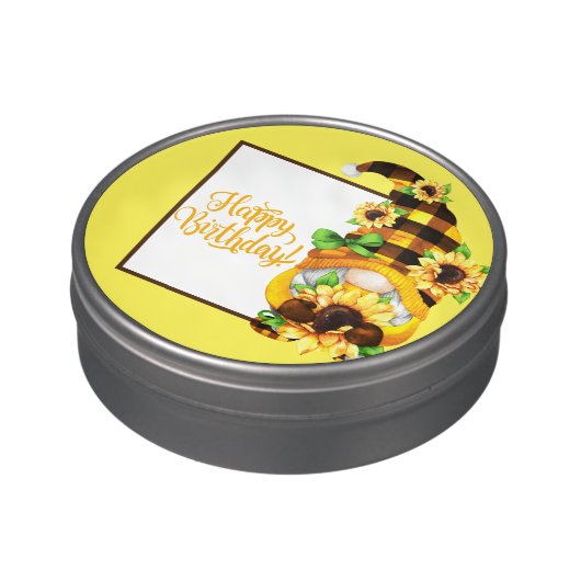 Sunflower Birthday Gnome Candy Tin (Side)