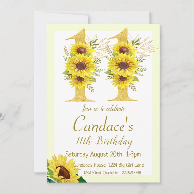 Sunflower Birthday Invitation, 11th Birthday  Invitation (Front)