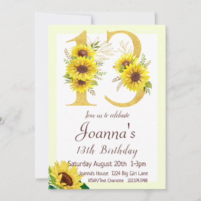 Sunflower Birthday Invitation, 13th Birthday  Invitation (Front)