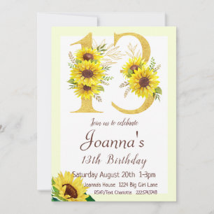 Sunflower Birthday Invitation, 13th Birthday Invitation