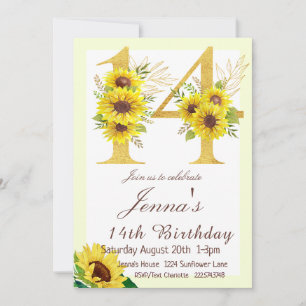 Sunflower Birthday Invitation, 14th Birthday  Invitation