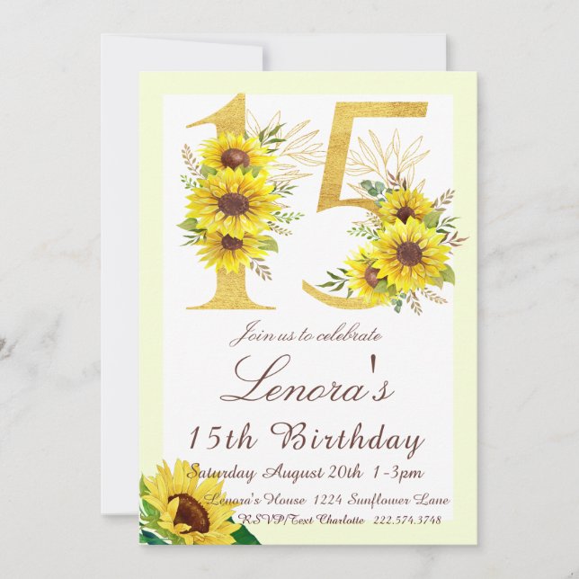 Sunflower Birthday Invitation, 15th Birthday  Invitation (Front)