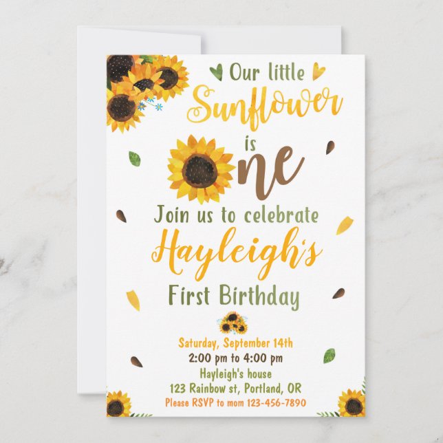 Sunflower birthday invitation 1st First birthday (Front)