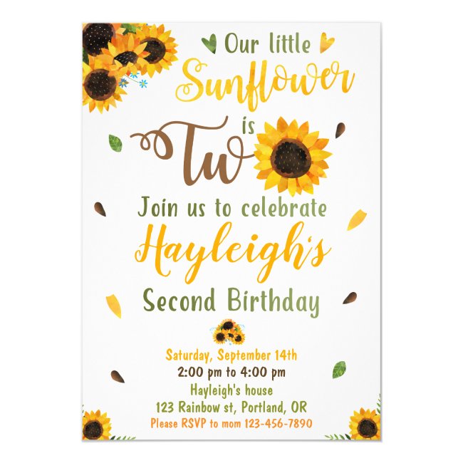 Sunflower birthday invitation 2nd Second birthday