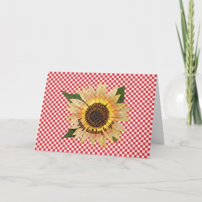 sunflower birthday on red and white gingham card (Front)