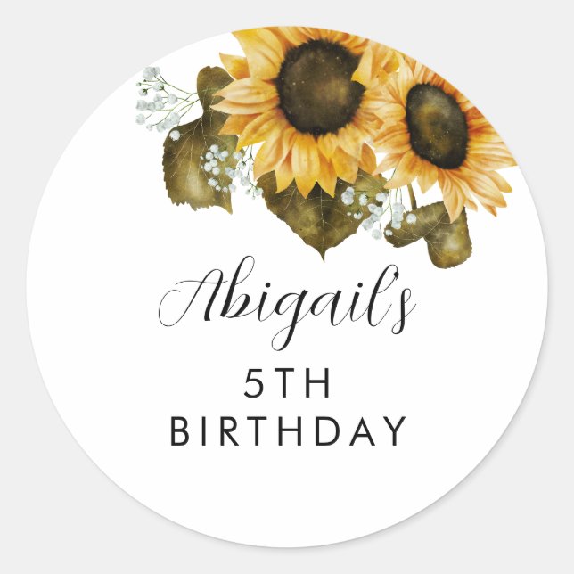 Sunflower Birthday Party Favor  Classic Round Sticker (Front)