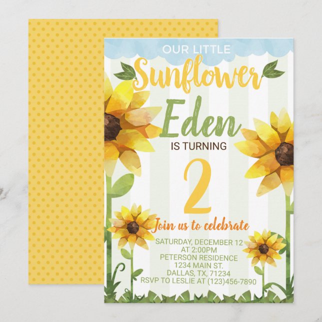 Sunflower Birthday Party Invitation Invite (Front/Back)