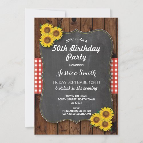 Sunflower Birthday Party Rustic Wood Chalk Invite