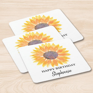 Sunflower Birthday Party Square Paper Coaster