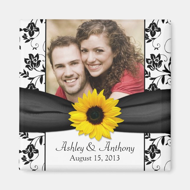 Sunflower Black and White Damask Wedding Magnet (Front)
